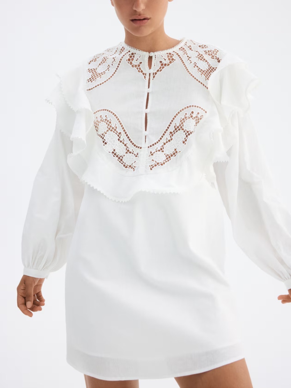 H&M White Eyelet Ruffle Mini Dress LINEN-BLEND TUNIC DRESS